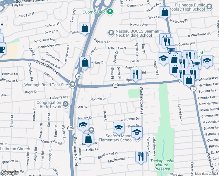 map of restaurants, bars, coffee shops, grocery stores, and more near 3880 Jerusalem Avenue in Seaford