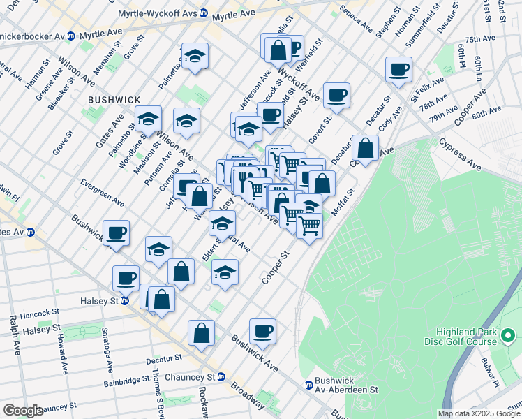 map of restaurants, bars, coffee shops, grocery stores, and more near Wilson Avenue & Covert Street in Brooklyn