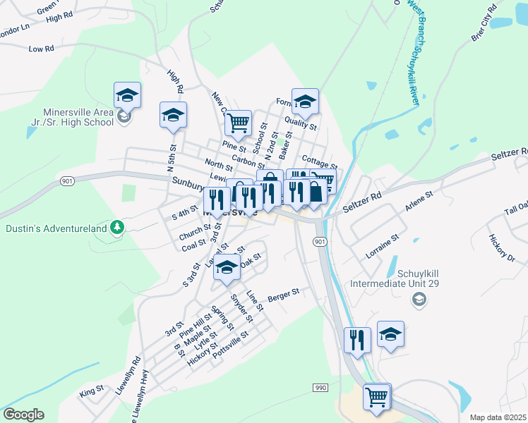 map of restaurants, bars, coffee shops, grocery stores, and more near 129 Sunbury Street in Minersville