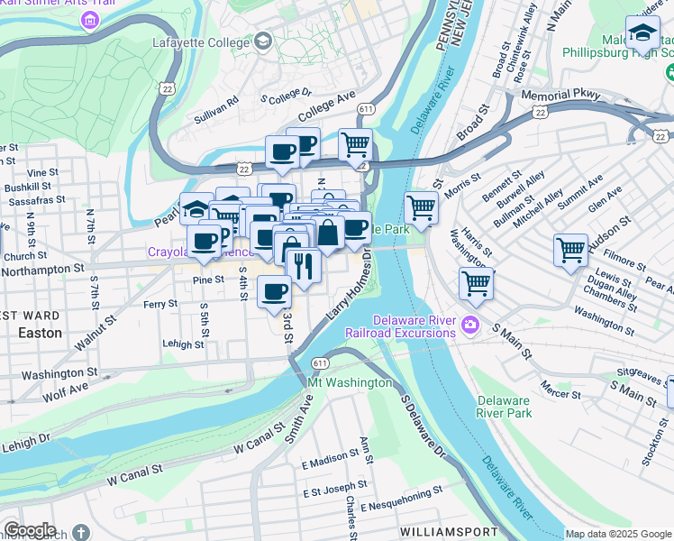 map of restaurants, bars, coffee shops, grocery stores, and more near 153 Pine Street in Easton