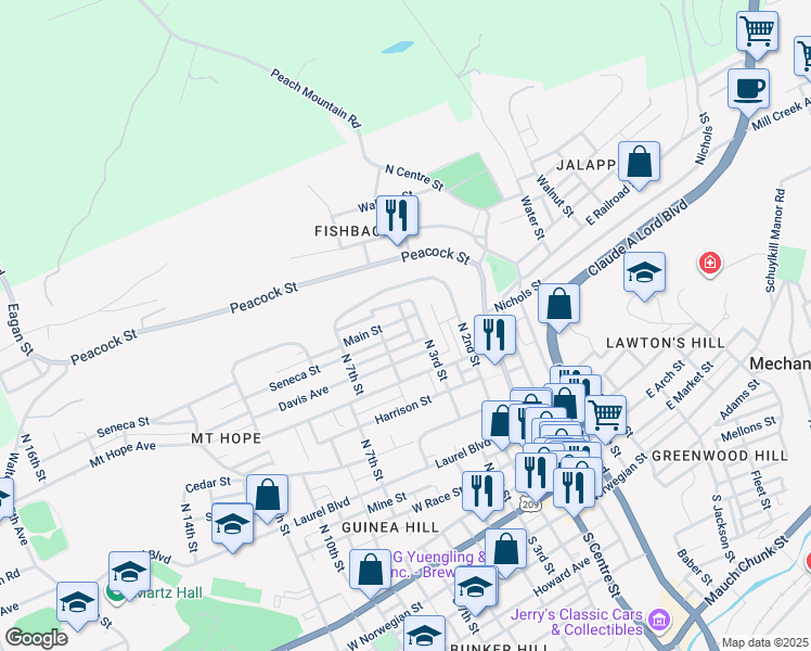 map of restaurants, bars, coffee shops, grocery stores, and more near 401 Main Street in Pottsville