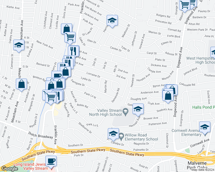 map of restaurants, bars, coffee shops, grocery stores, and more near 585 Martin Road in Franklin Square