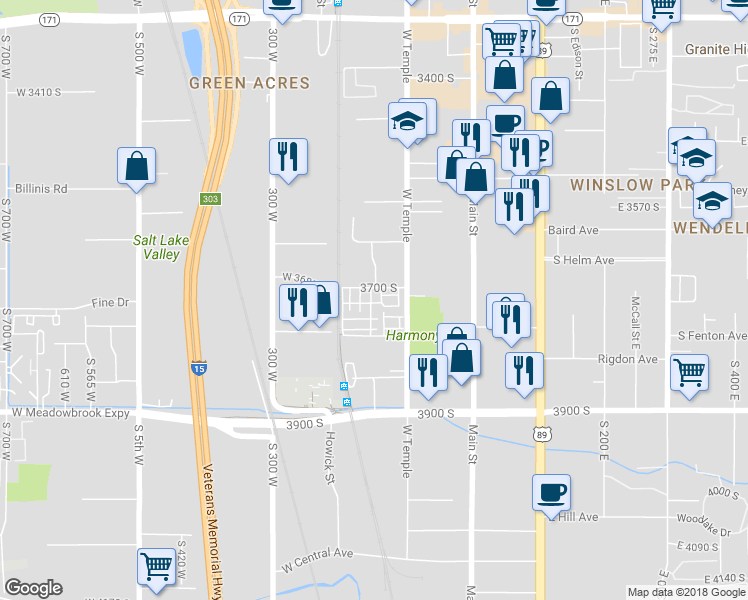 map of restaurants, bars, coffee shops, grocery stores, and more near 3711 South Luchars Lane in Salt Lake City