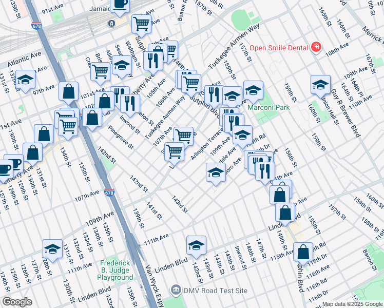 map of restaurants, bars, coffee shops, grocery stores, and more near 145-43 Arlington Terrace in Queens