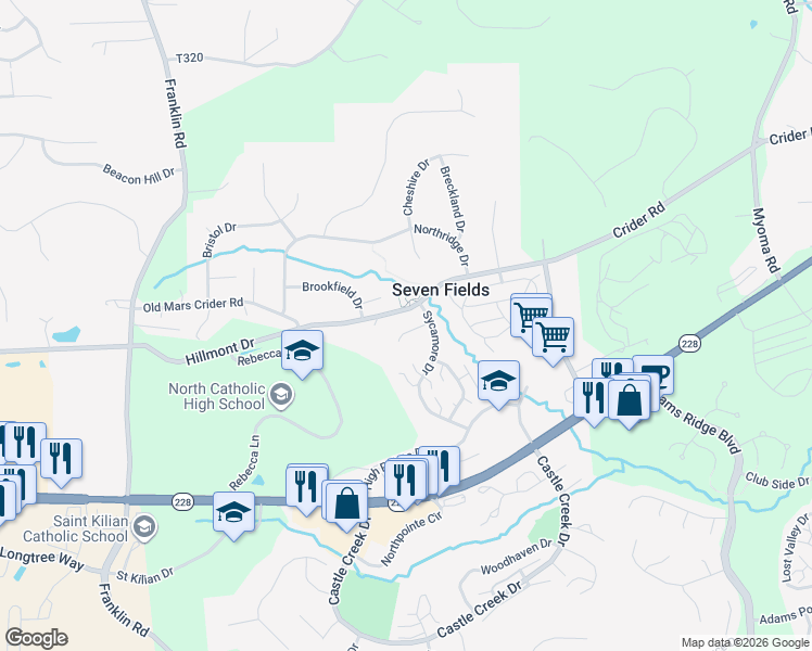 map of restaurants, bars, coffee shops, grocery stores, and more near 108 Linden Court in Seven Fields