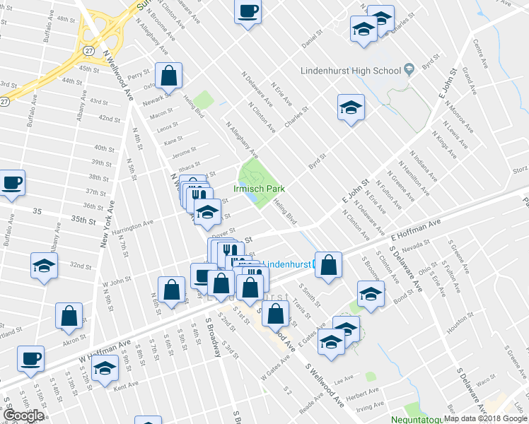 map of restaurants, bars, coffee shops, grocery stores, and more near 89 Irmisch Avenue in Lindenhurst