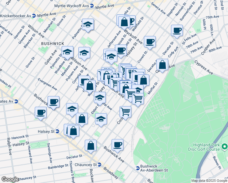 map of restaurants, bars, coffee shops, grocery stores, and more near 574 Wilson Avenue in Brooklyn