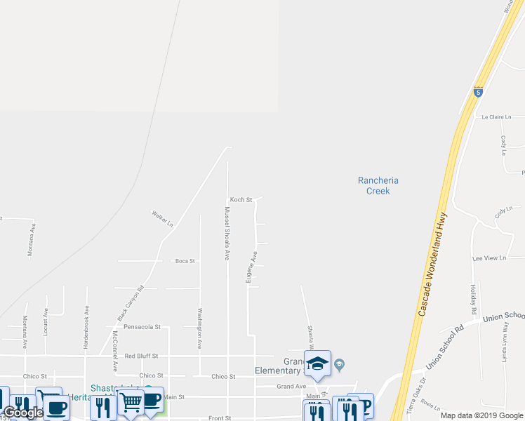 map of restaurants, bars, coffee shops, grocery stores, and more near 627 Eugene Street in Shasta Lake