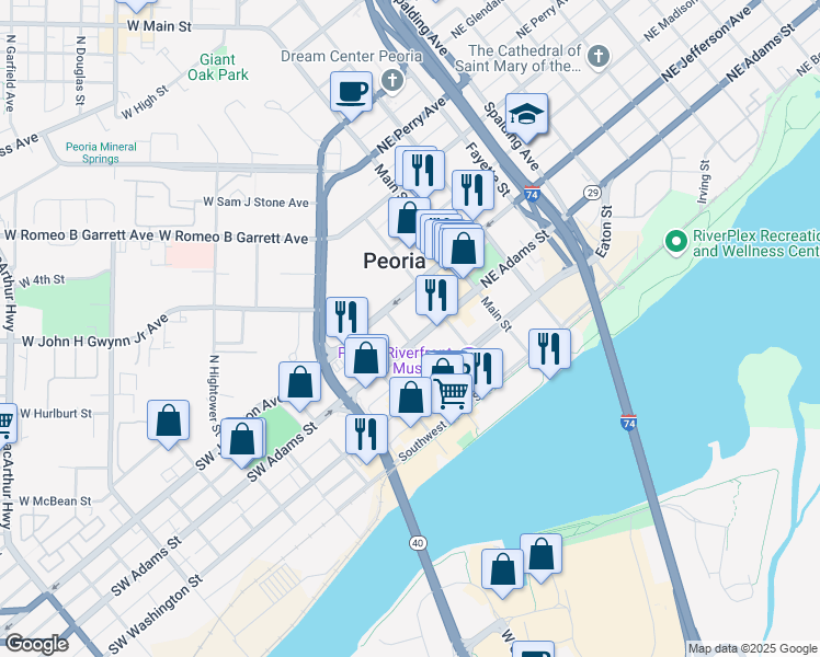map of restaurants, bars, coffee shops, grocery stores, and more near 300 Liberty Street in Peoria