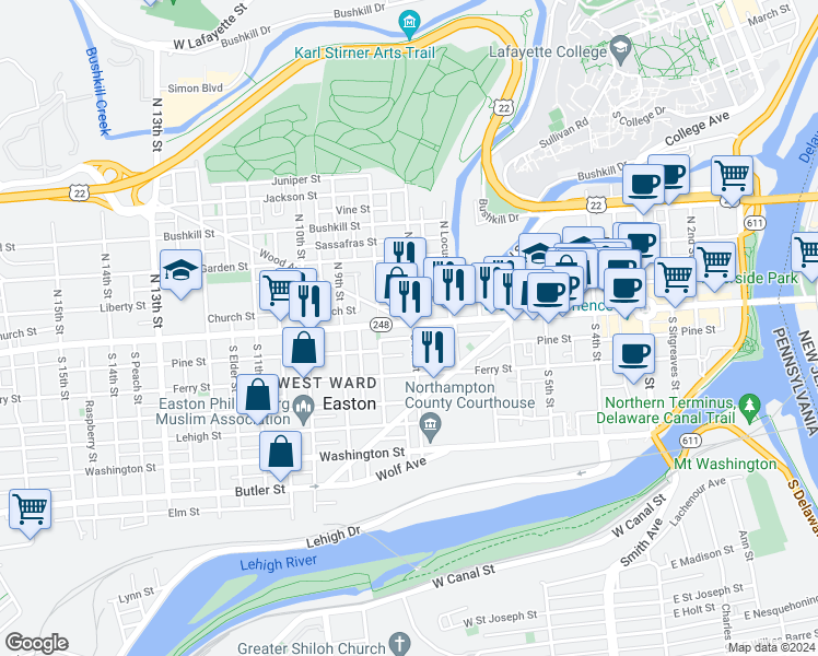 map of restaurants, bars, coffee shops, grocery stores, and more near 700 Northampton Street in Easton