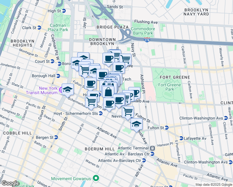 map of restaurants, bars, coffee shops, grocery stores, and more near 70 Fleet Street in Brooklyn