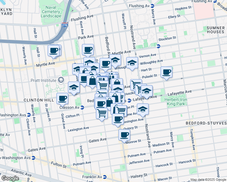 map of restaurants, bars, coffee shops, grocery stores, and more near 996 Bedford Avenue in Brooklyn