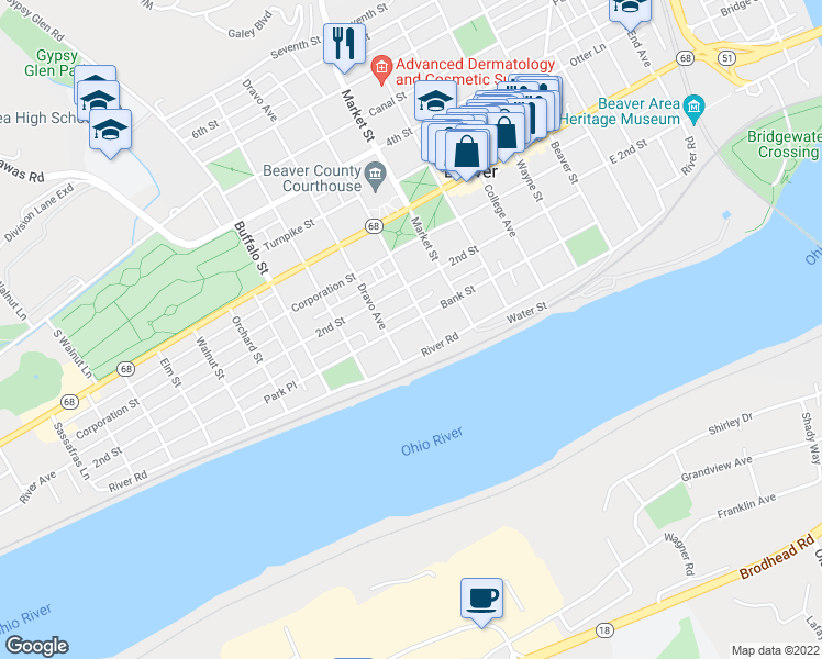 map of restaurants, bars, coffee shops, grocery stores, and more near 941 Bank Street in Beaver