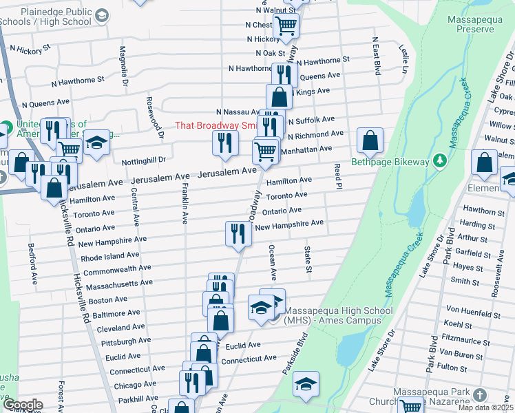 map of restaurants, bars, coffee shops, grocery stores, and more near 684 Broadway in Massapequa