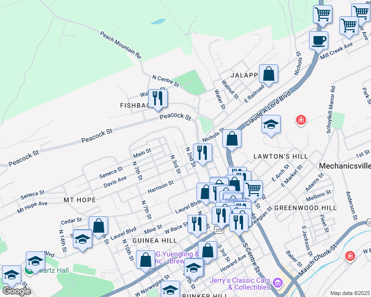 map of restaurants, bars, coffee shops, grocery stores, and more near 679 North 2nd Street in Pottsville