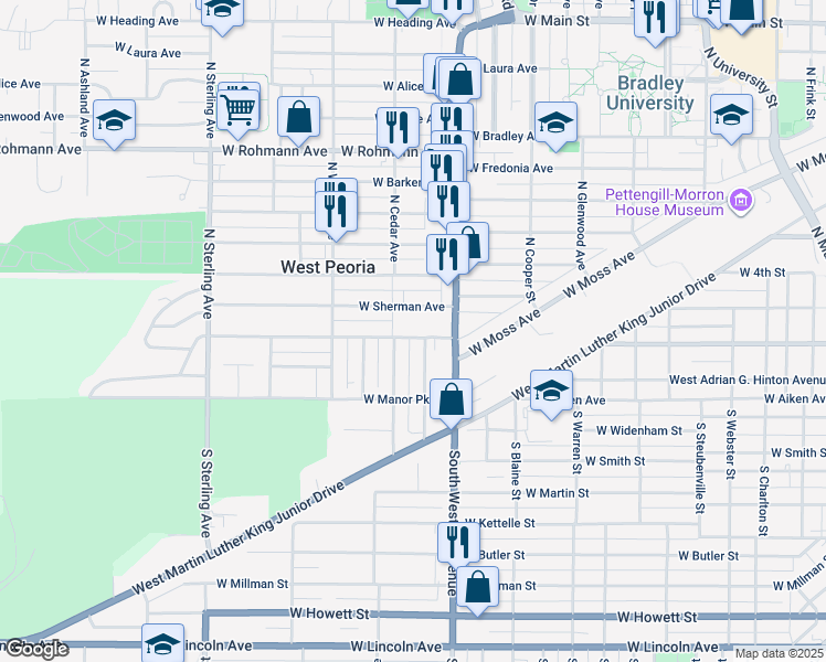 map of restaurants, bars, coffee shops, grocery stores, and more near 2003 West Moss Avenue in West Peoria