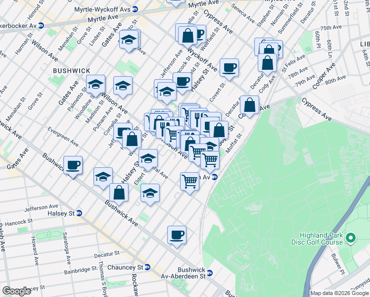 map of restaurants, bars, coffee shops, grocery stores, and more near 222 Schaefer Street in Brooklyn