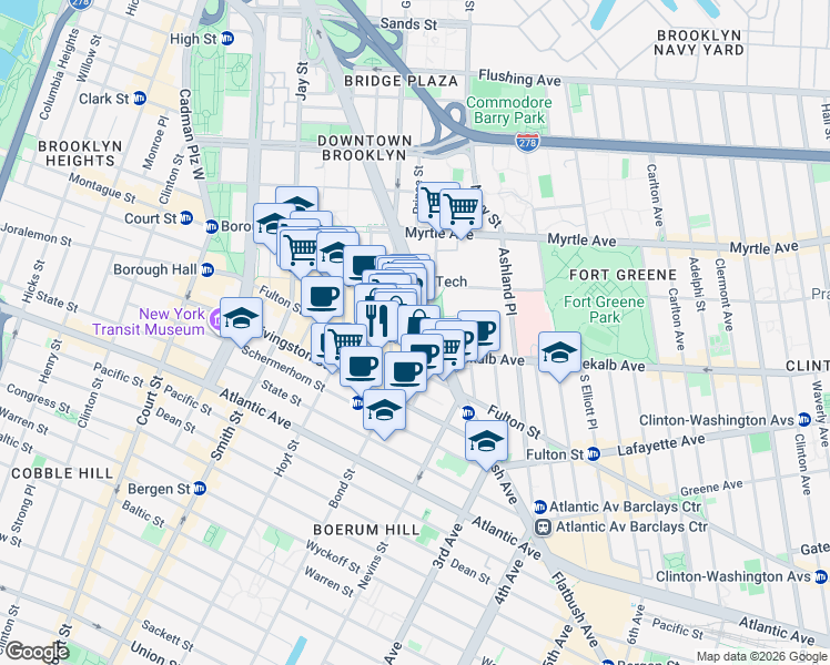 map of restaurants, bars, coffee shops, grocery stores, and more near 7 DeKalb Avenue in Brooklyn