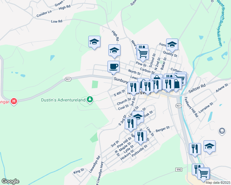 map of restaurants, bars, coffee shops, grocery stores, and more near 240 South 4th Street in Minersville