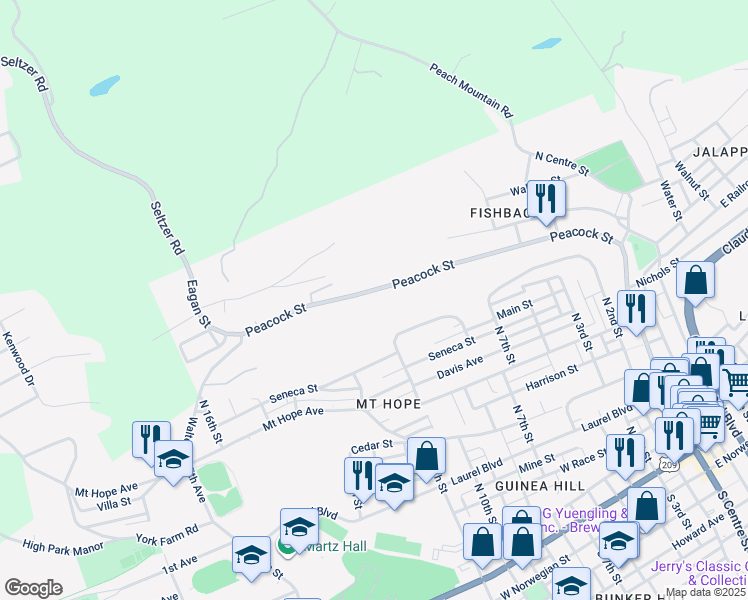map of restaurants, bars, coffee shops, grocery stores, and more near 441 Peacock Street in Pottsville
