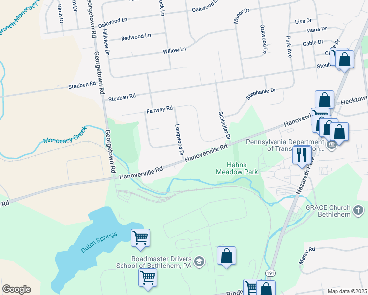 map of restaurants, bars, coffee shops, grocery stores, and more near 240 Longwood Drive in Bethlehem