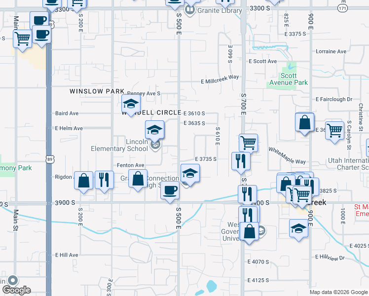 map of restaurants, bars, coffee shops, grocery stores, and more near 511 East Harper Park Lane in South Salt Lake