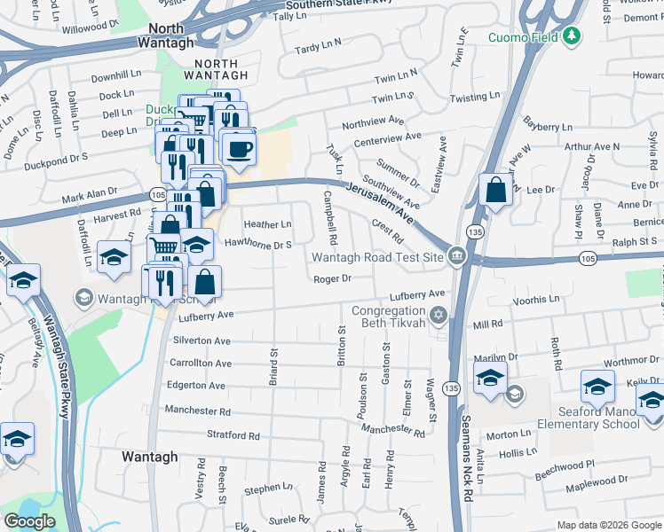 map of restaurants, bars, coffee shops, grocery stores, and more near 3563 Roger Drive in Wantagh