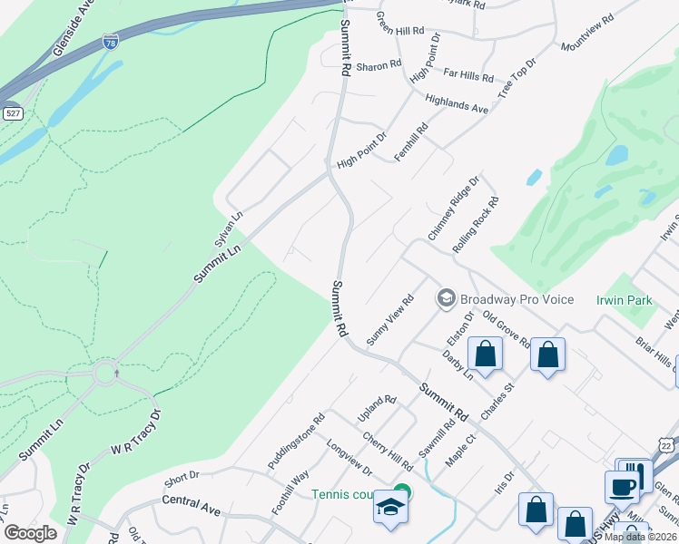 map of restaurants, bars, coffee shops, grocery stores, and more near 423 Summit Road in Mountainside