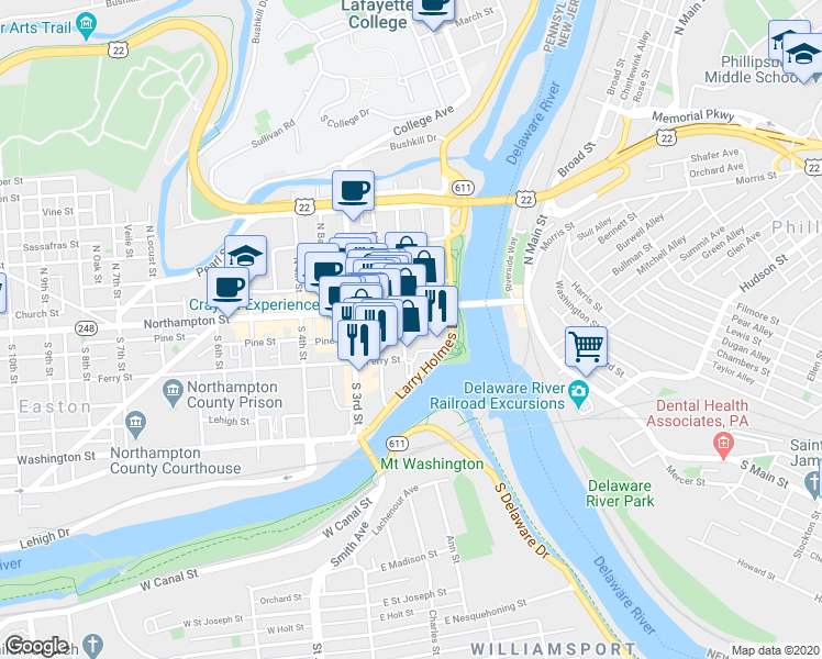 map of restaurants, bars, coffee shops, grocery stores, and more near 28 South 2nd Street in Easton