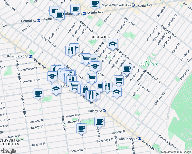 map of restaurants, bars, coffee shops, grocery stores, and more near 88 Woodbine Street in Brooklyn
