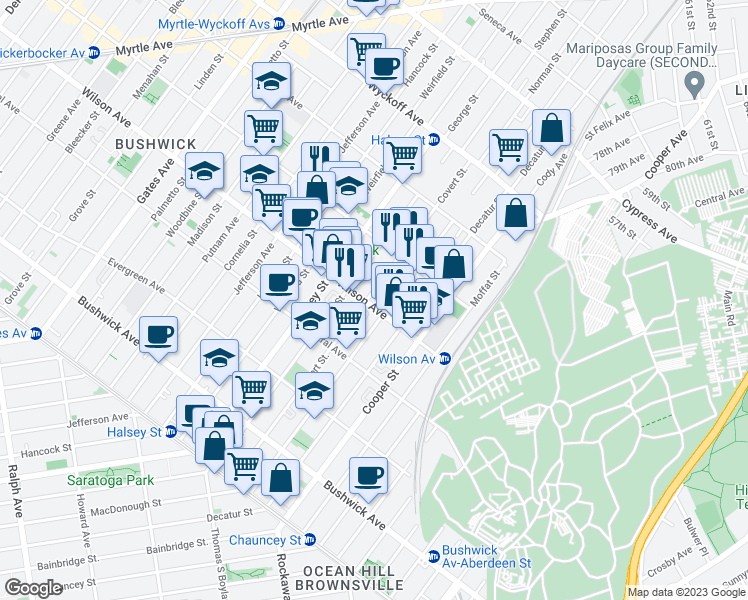 map of restaurants, bars, coffee shops, grocery stores, and more near 220 Covert Street in Brooklyn
