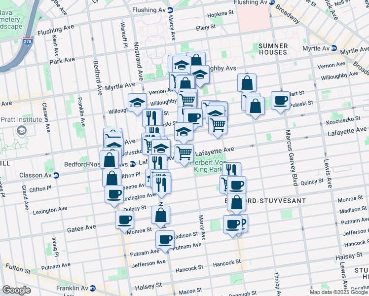 map of restaurants, bars, coffee shops, grocery stores, and more near 114 Kosciuszko Street in Brooklyn