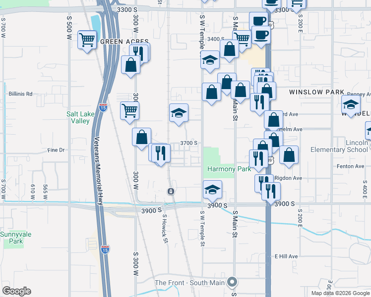 map of restaurants, bars, coffee shops, grocery stores, and more near 3711 South Luchars Lane in Salt Lake City