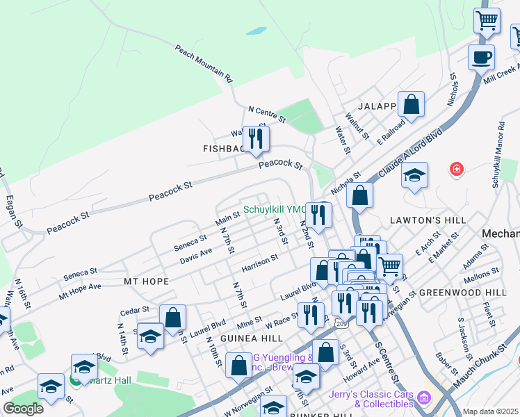map of restaurants, bars, coffee shops, grocery stores, and more near 411 Main Street in Pottsville