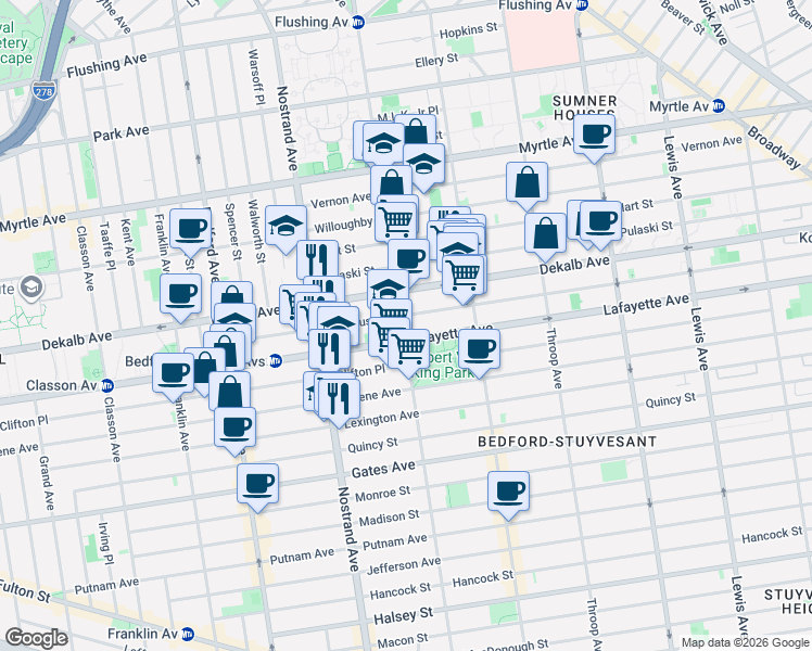 map of restaurants, bars, coffee shops, grocery stores, and more near 691 Marcy Avenue in Brooklyn