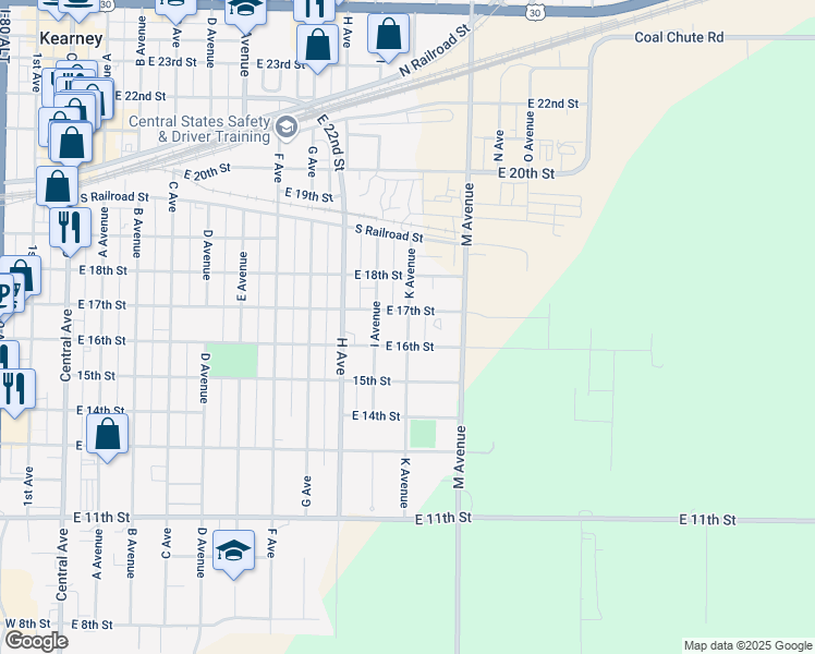 map of restaurants, bars, coffee shops, grocery stores, and more near 1606 K Avenue in Kearney