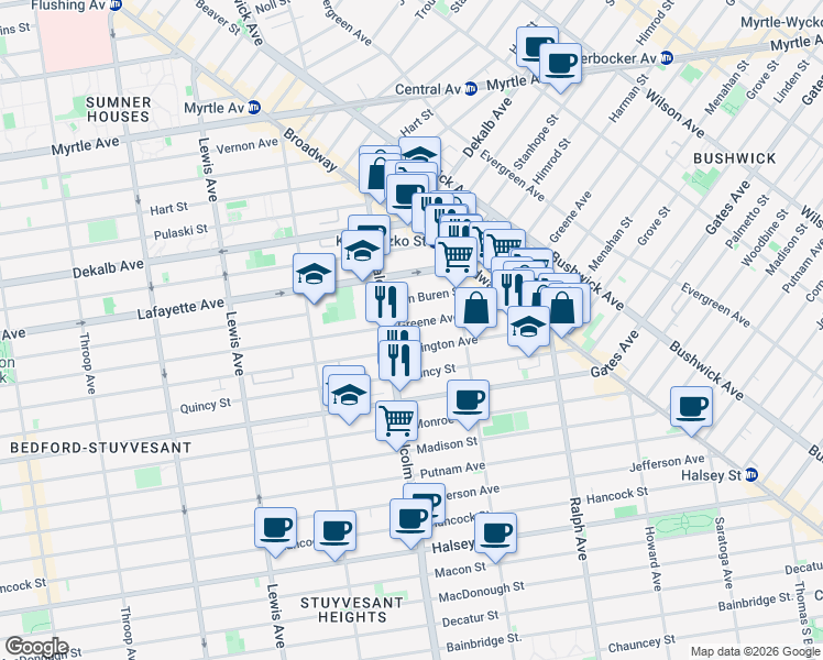 map of restaurants, bars, coffee shops, grocery stores, and more near 952A Greene Avenue in Brooklyn