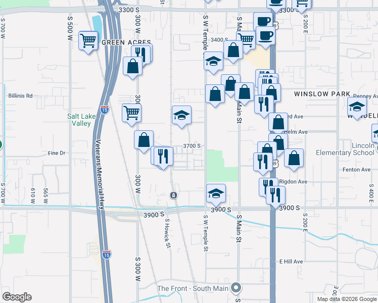 map of restaurants, bars, coffee shops, grocery stores, and more near 3713 South Luchars Lane in South Salt Lake