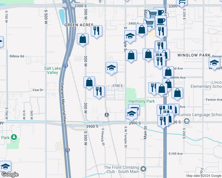 map of restaurants, bars, coffee shops, grocery stores, and more near 3713 South Luchars Lane in South Salt Lake