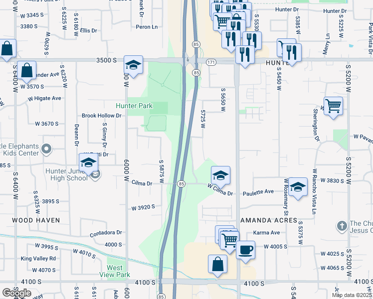 map of restaurants, bars, coffee shops, grocery stores, and more near 5781 Masters Drive in West Valley City
