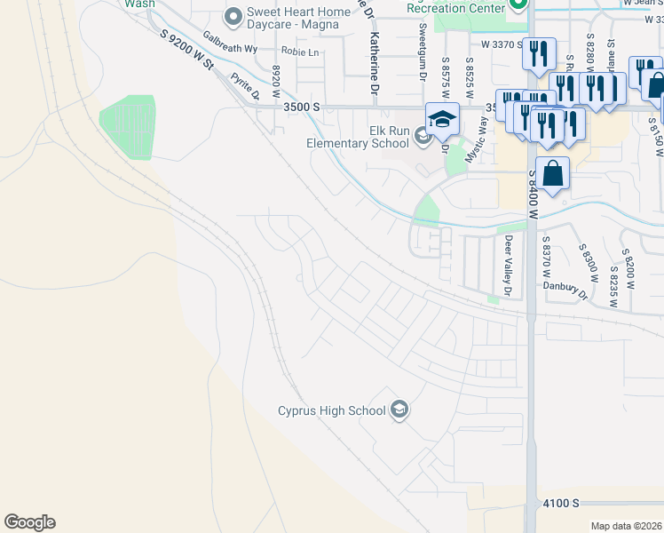 map of restaurants, bars, coffee shops, grocery stores, and more near 3742 South Gold Bank Drive in Magna