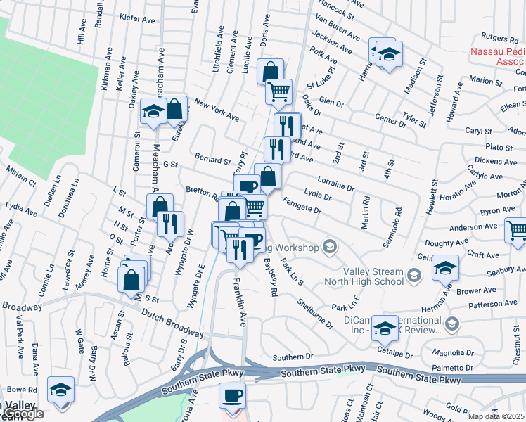 map of restaurants, bars, coffee shops, grocery stores, and more near 1140 Park Lane North in Franklin Square