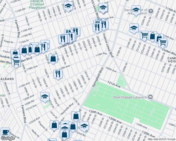 map of restaurants, bars, coffee shops, grocery stores, and more near 201-16 120th Avenue in Queens