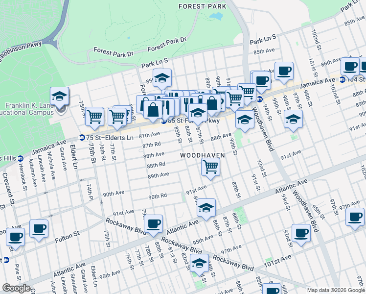 map of restaurants, bars, coffee shops, grocery stores, and more near 80-88 88th Avenue in Queens