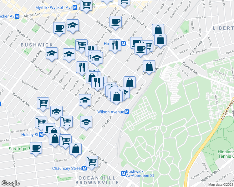 map of restaurants, bars, coffee shops, grocery stores, and more near 220 Schaefer Street in Brooklyn