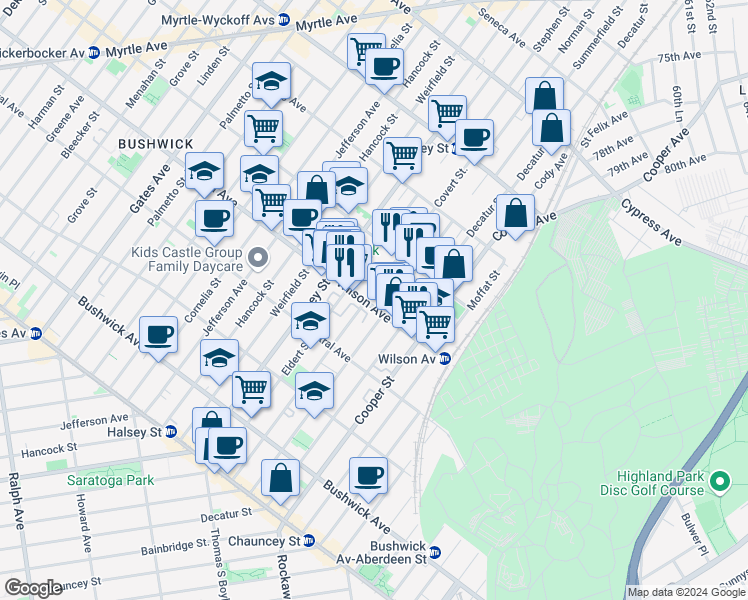map of restaurants, bars, coffee shops, grocery stores, and more near 576 Wilson Avenue in Brooklyn