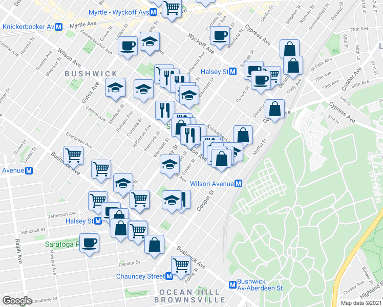 map of restaurants, bars, coffee shops, grocery stores, and more near 574 Wilson Avenue in Brooklyn