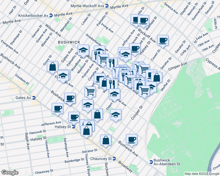 map of restaurants, bars, coffee shops, grocery stores, and more near 1155 Halsey Street in Brooklyn
