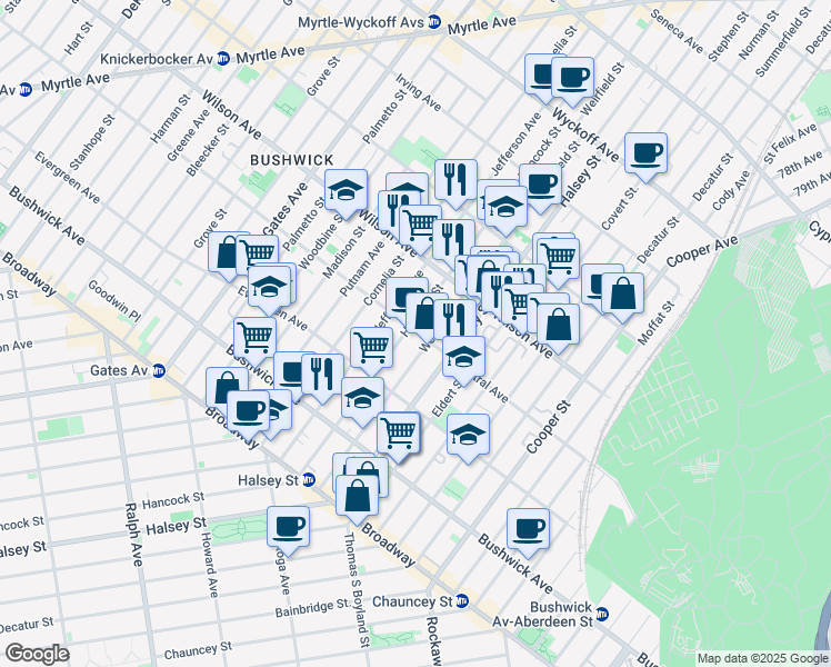 map of restaurants, bars, coffee shops, grocery stores, and more near 1150 Hancock Street in Brooklyn