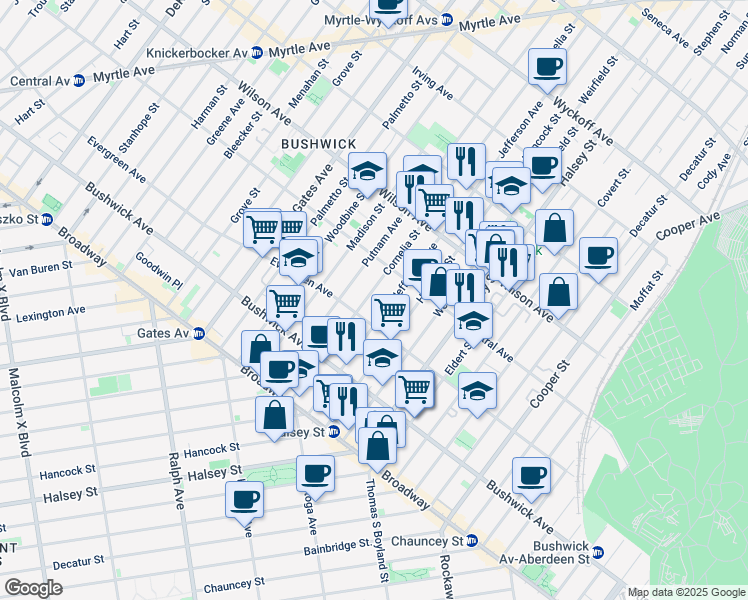 map of restaurants, bars, coffee shops, grocery stores, and more near in Brooklyn